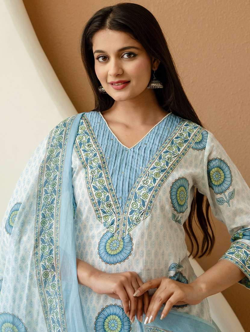 women printed three quarter sleeve kurta pant with dupatta set - 22542001 -  Standard Image - 1