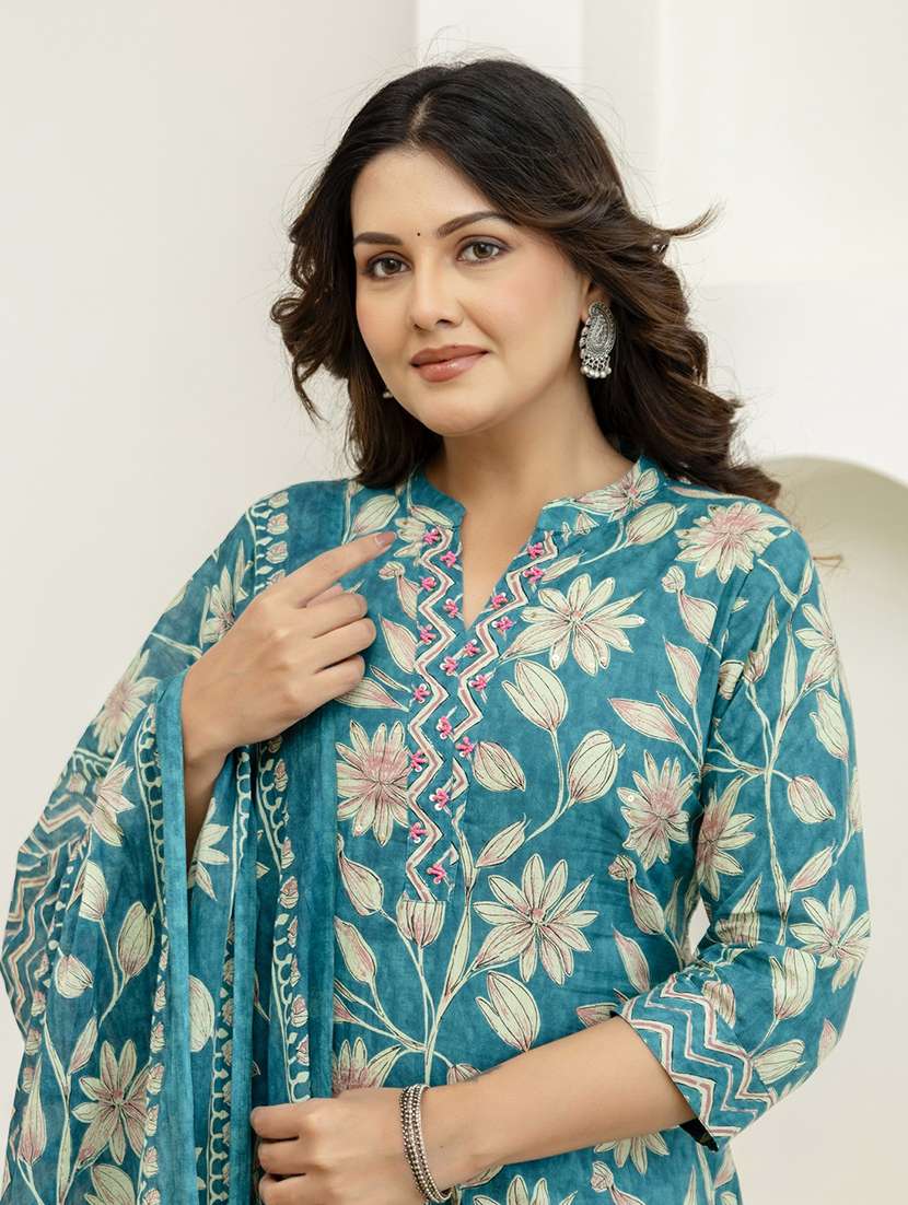 women printed three quarter sleeve kurta pant with dupatta set - 22542003 -  Standard Image - 1