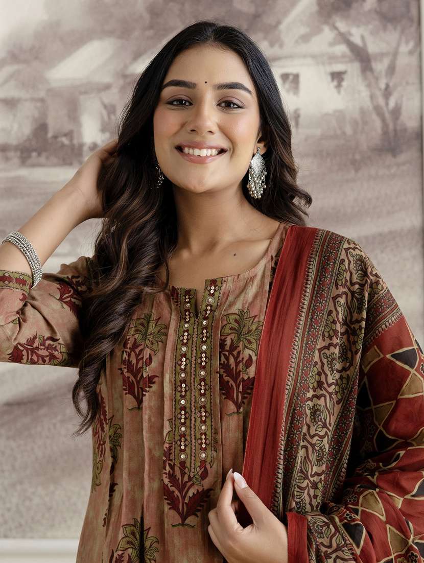 women printed three quarter sleeve kurta palazzo with dupatta set - 22542030 -  Standard Image - 1