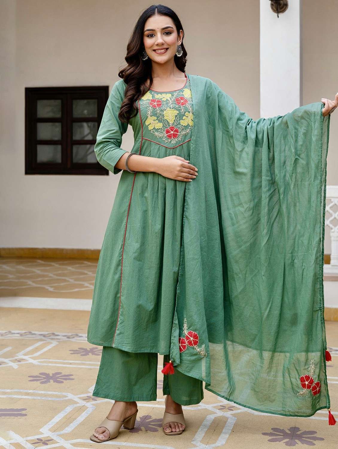 women embroidered three quarter sleeve kurta palazzo with dupatta set