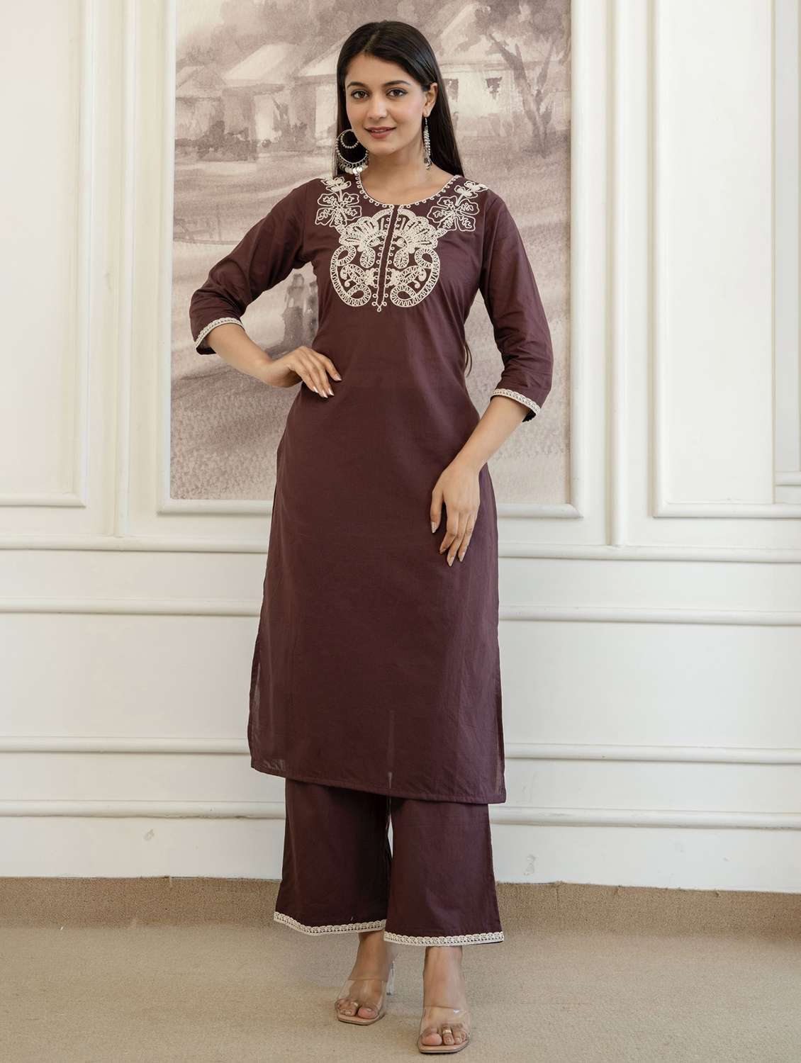 women embroidered three quarter sleeve kurta palazzo with dupatta set - 22542033 -  Standard Image - 1