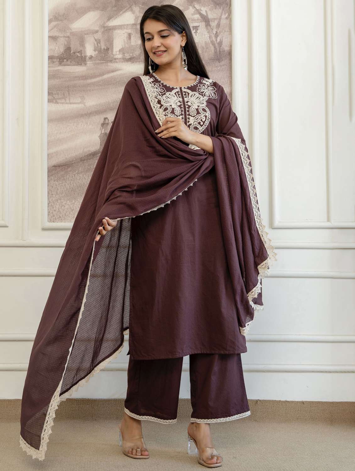 women embroidered three quarter sleeve kurta palazzo with dupatta set - 22542033 -  Standard Image - 4