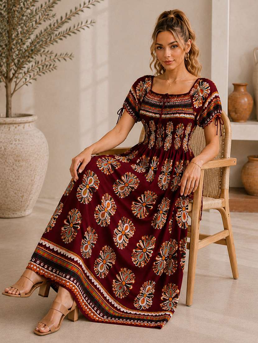 women printed square neck fit and flare dress