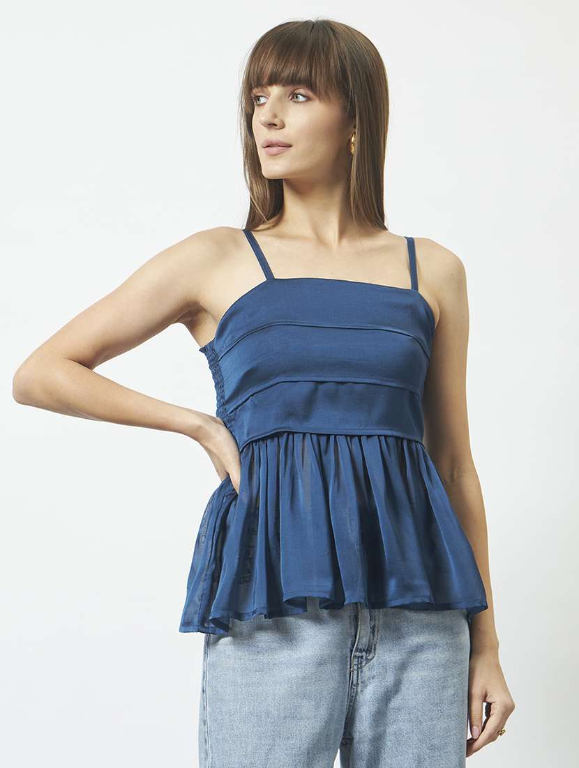 women solid shoulder strap peplum top