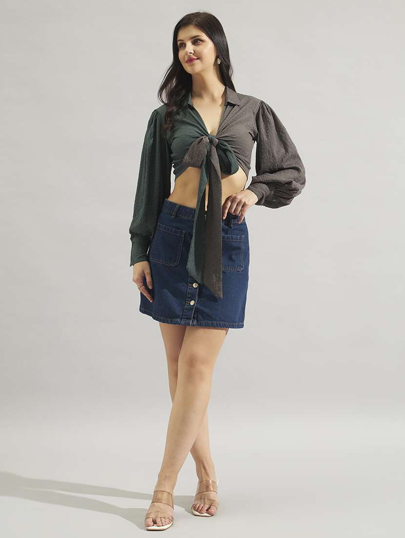 women colourblocked bishop sleeves crop top - 22542096 -  Standard Image - 4