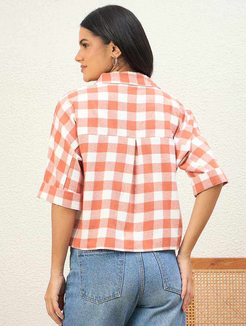 Women Checkered Three Quarter Sleeves Crop Shirt - 22542100 -  Standard Image - 4