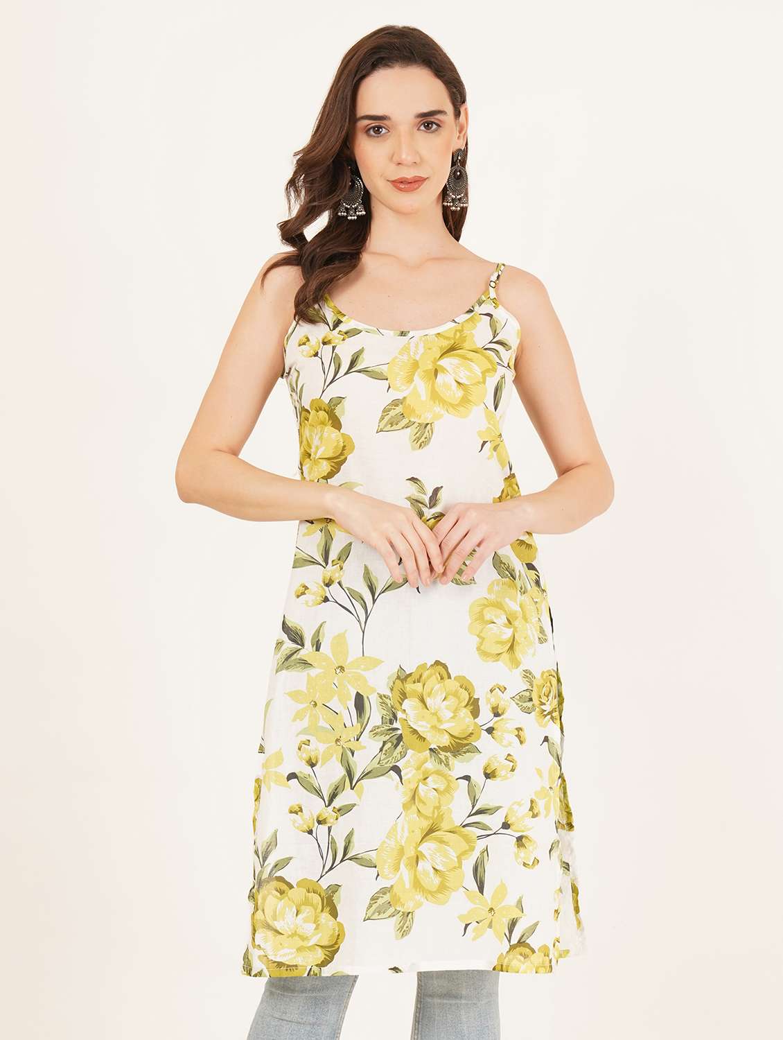 women printed shoulder strap straight kurta