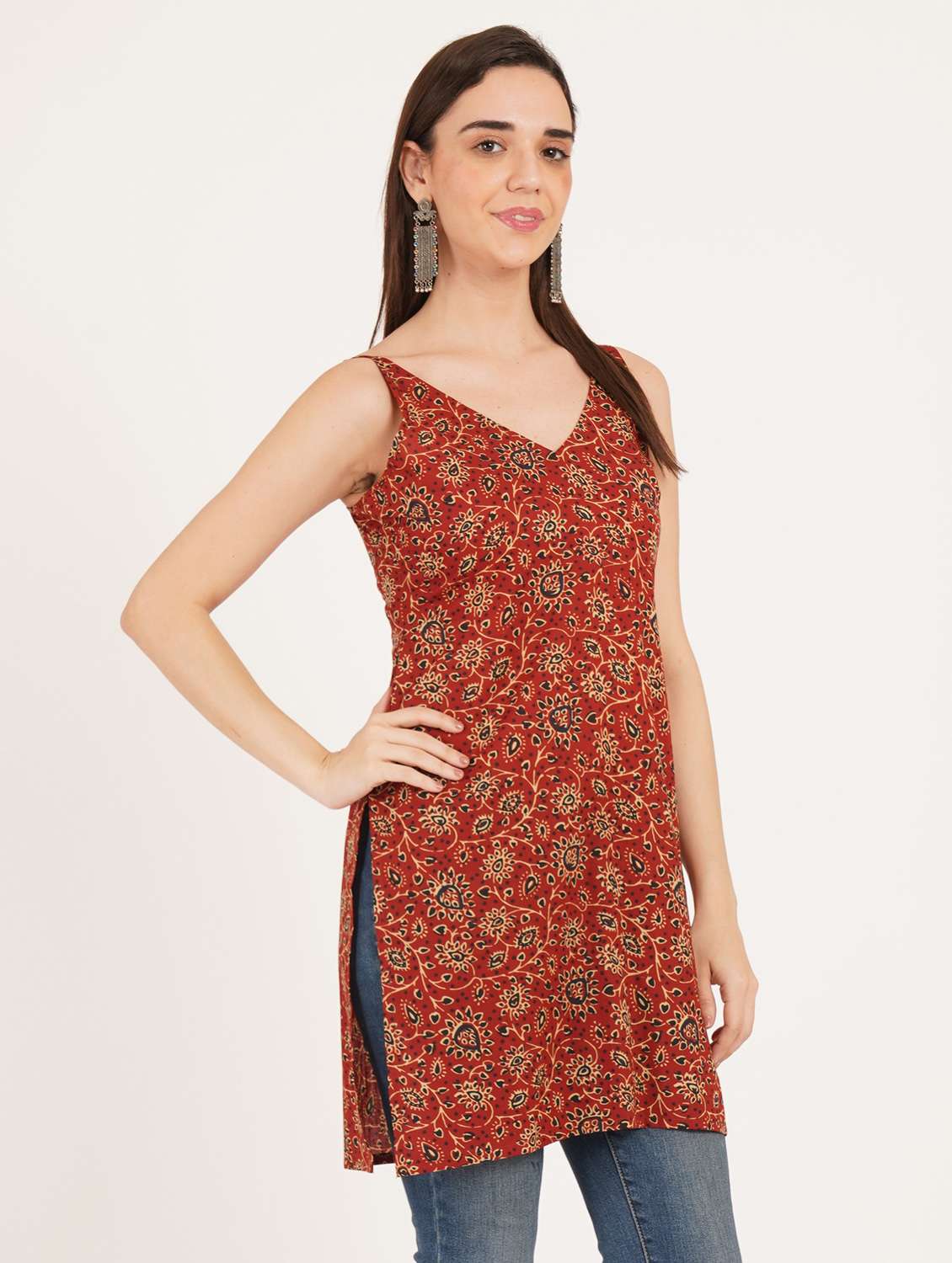 women printed shoulder strap straight kurti