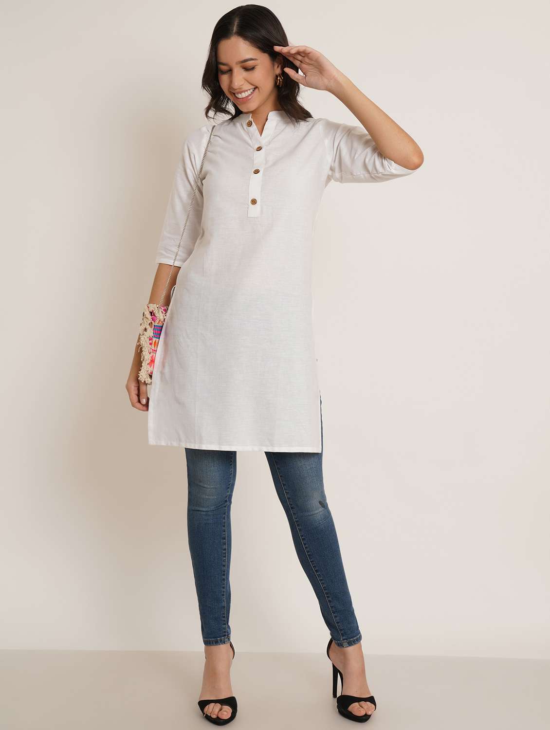 women solid three quarter sleeve straight kurti - 22542792 -  Standard Image - 4