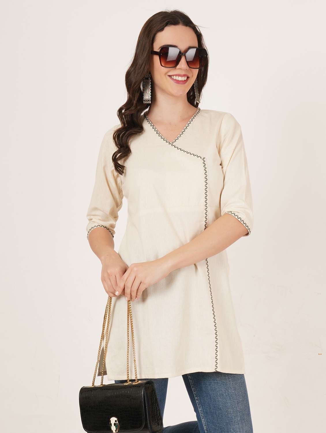 women solid three quarter sleeve angrakha kurti