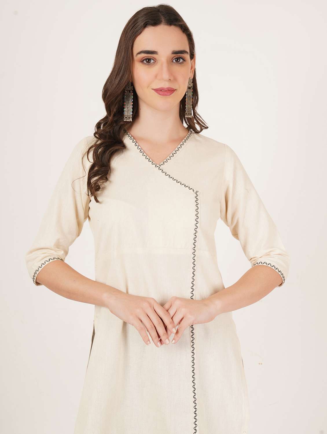 women solid three quarter sleeve angrakha kurti - 22542807 -  Standard Image - 1