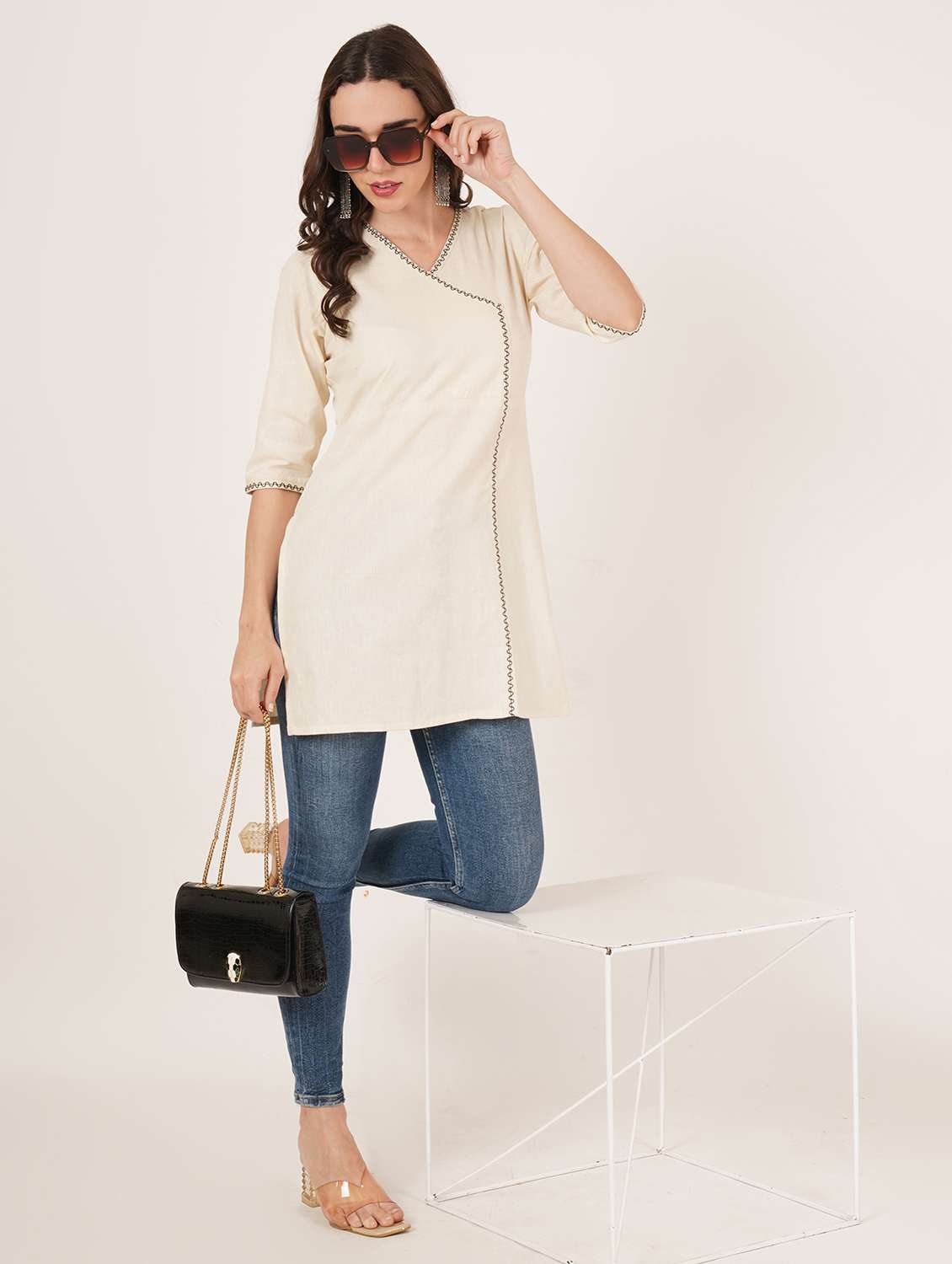 women solid three quarter sleeve angrakha kurti - 22542807 -  Standard Image - 4