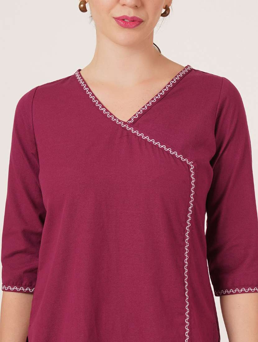women solid three quarter sleeve angrakha kurti - 22542809 -  Standard Image - 1