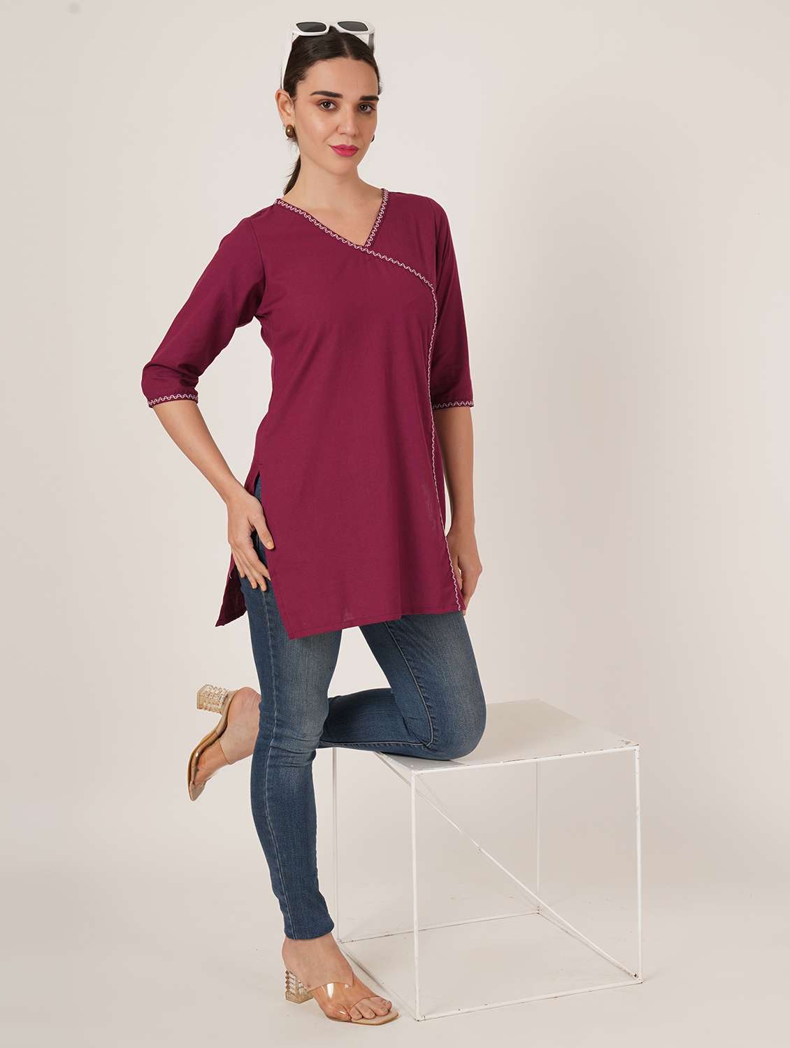 women solid three quarter sleeve angrakha kurti - 22542809 -  Standard Image - 4