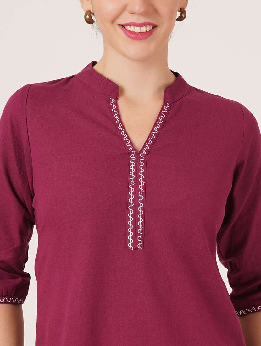 women embroidered three quarter sleeve straight kurti - 22542815 -  Standard Image - 1
