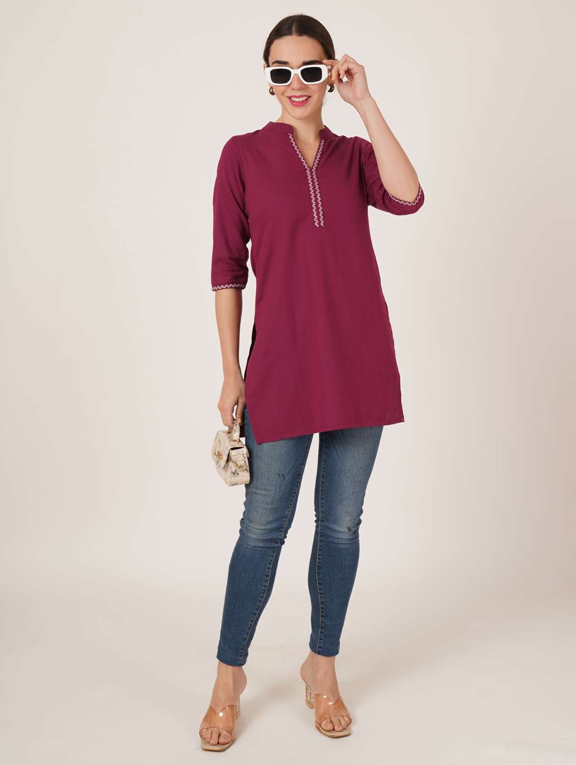 women embroidered three quarter sleeve straight kurti - 22542815 -  Standard Image - 4