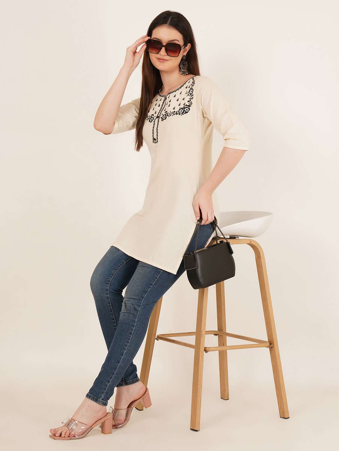 women embroidered three quarter sleeve straight kurti - 22542816 -  Standard Image - 4