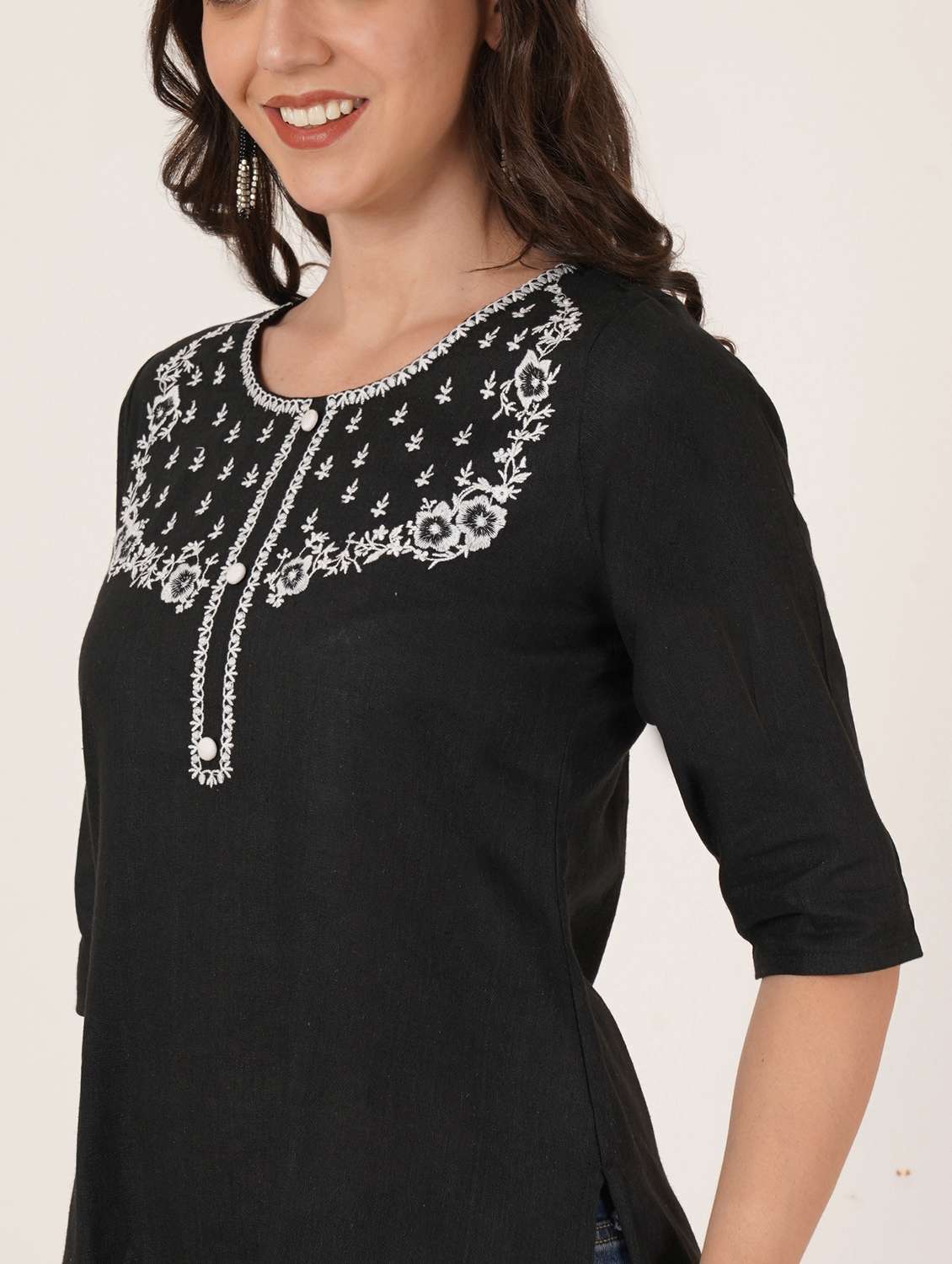 women embroidered three quarter sleeve straight kurti - 22542817 -  Standard Image - 1