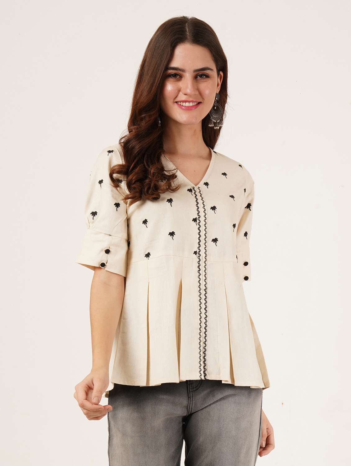 women embroidered puff sleeve a line top - 22542824 -  Standard Image - 1