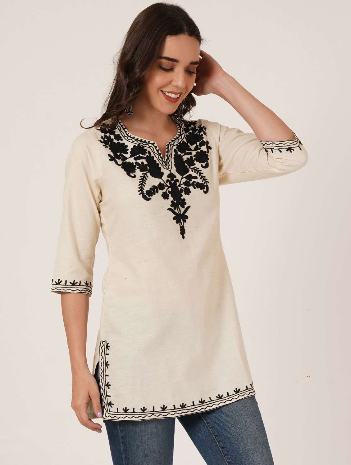 women embroidered notch neck straight kurti