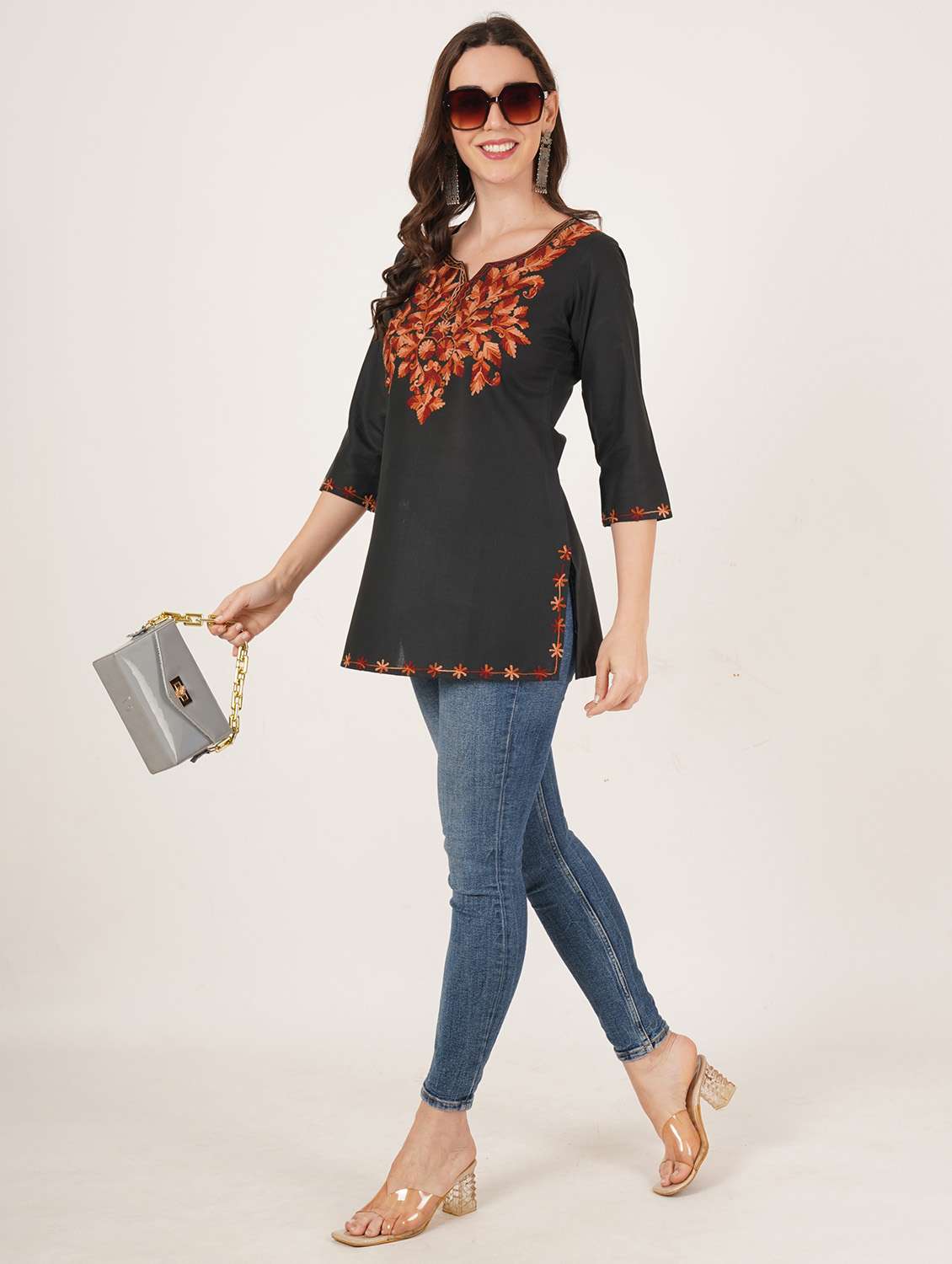 Women Embroidered Notch Neck Straight Kurti - 22542838 -  Standard Image - 4
