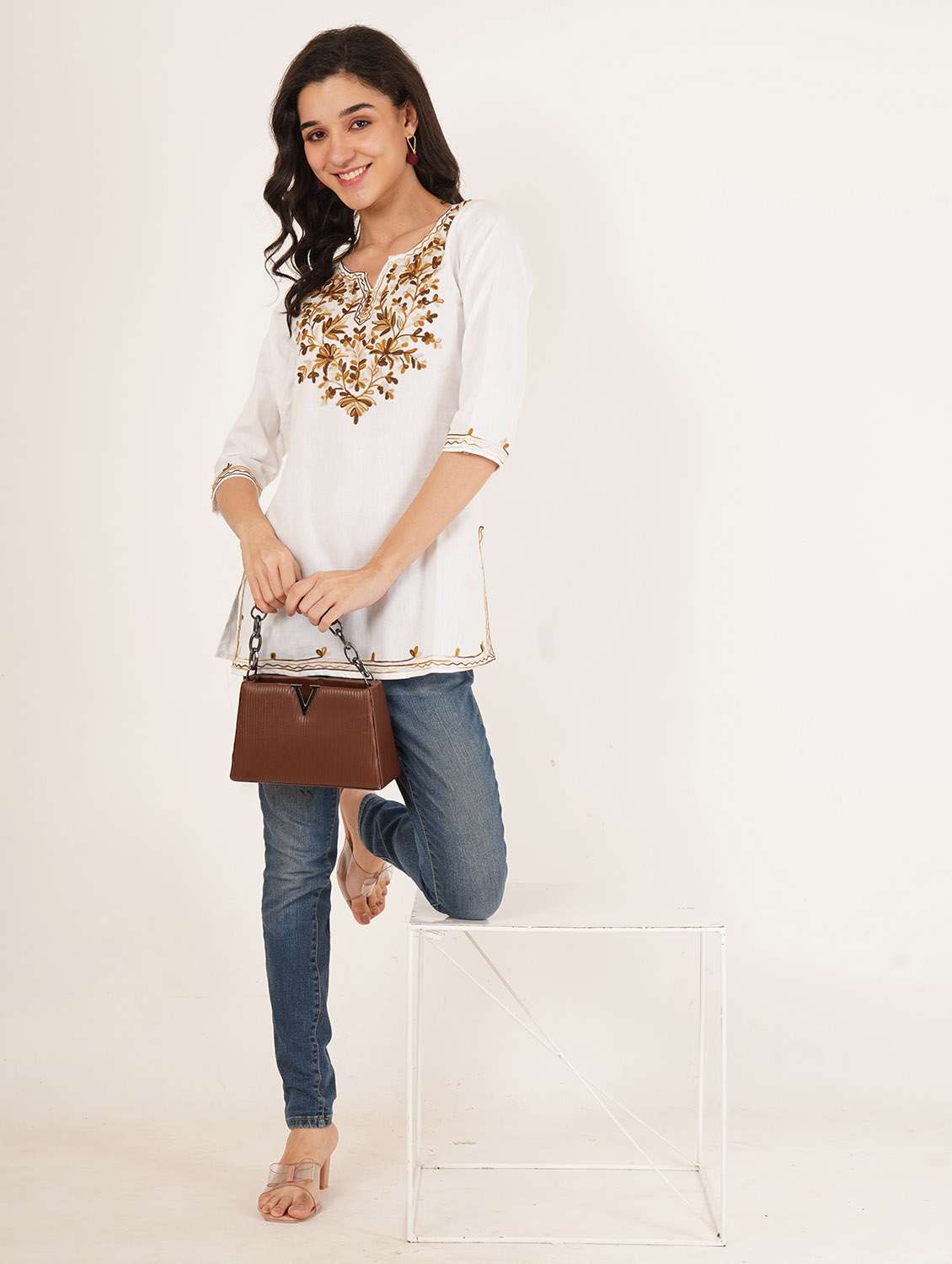 Women Embroidered Notch Neck Straight Kurti - 22542852 -  Standard Image - 6