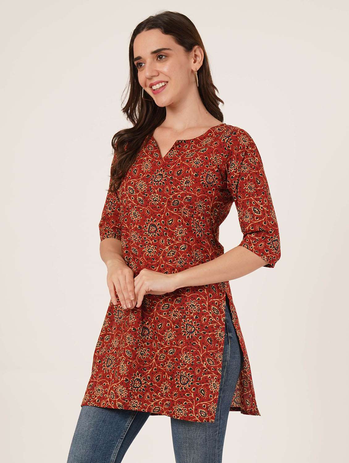 women printed three quarter sleeve straight kurti - 22542878 -  Standard Image - 4