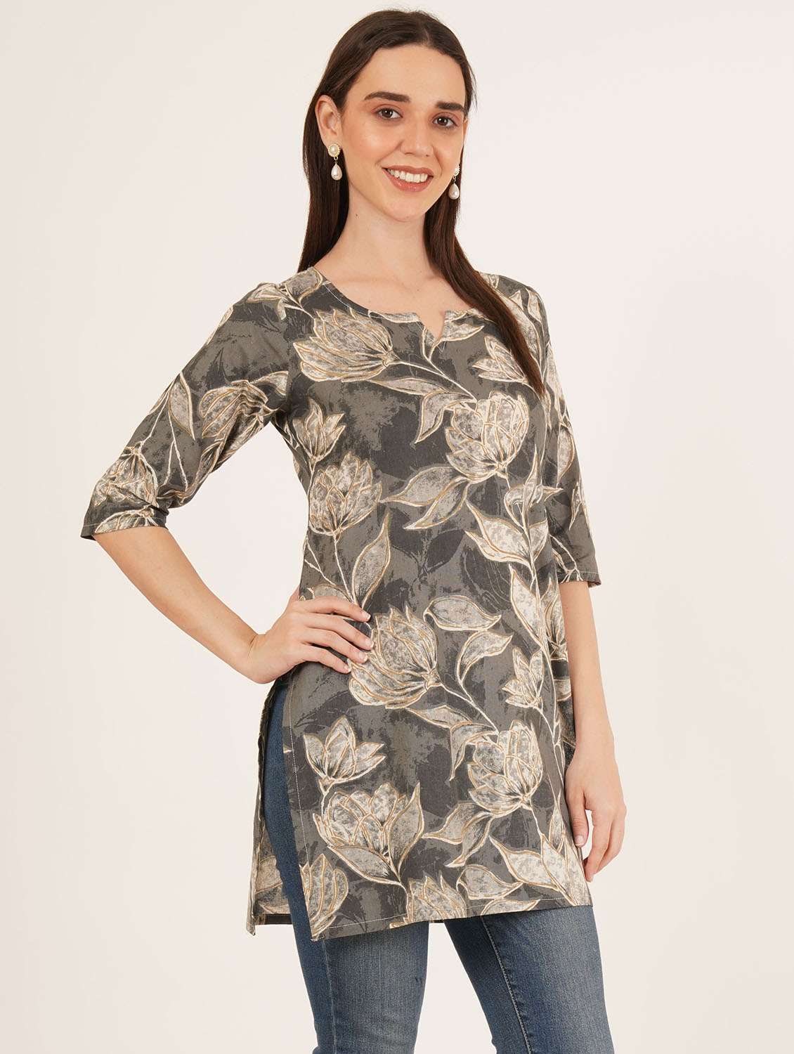 women printed three quarter sleeve straight kurti - 22542891 -  Standard Image - 4