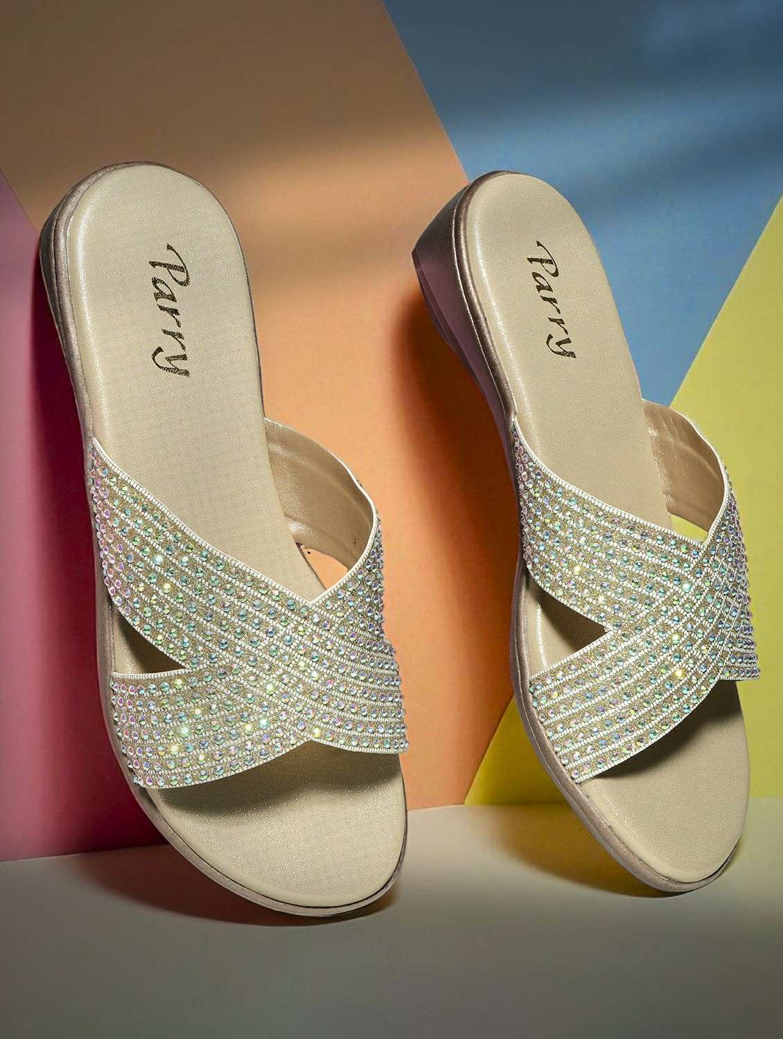 women gold slip on sandal