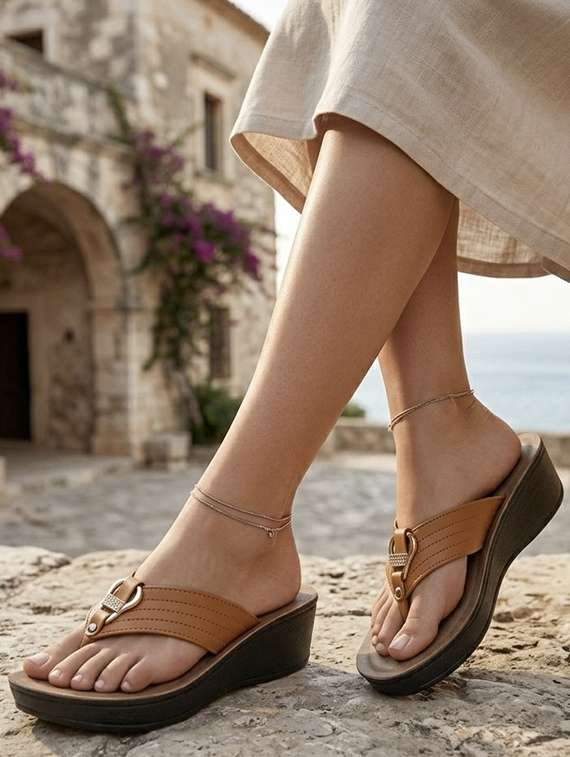 Women Tan Toe Separator Wedge - 22543121 -  Standard Image - 4