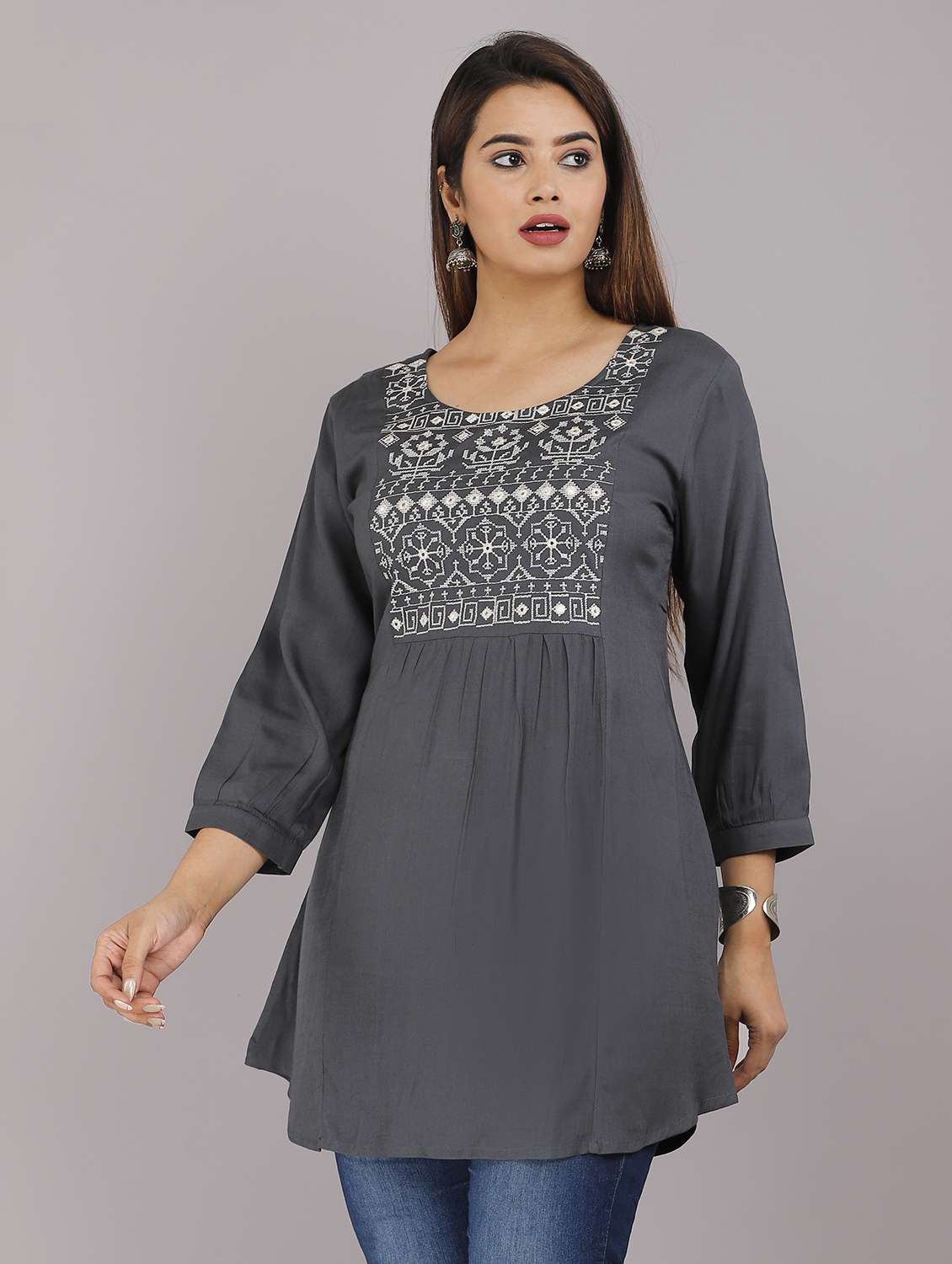 grey rayon solid regular fit round neck three quarter sleeves top - 22543194 -  Standard Image - 1