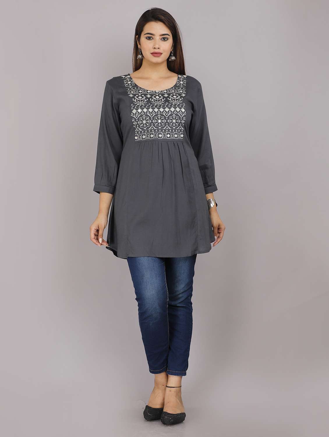grey rayon solid regular fit round neck three quarter sleeves top - 22543194 -  Standard Image - 4