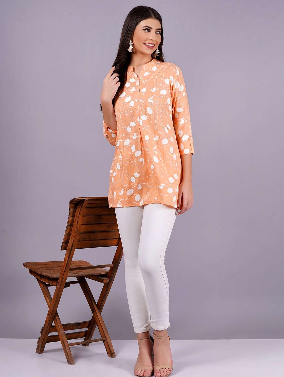 women printed three quarter sleeves a-line tunic - 22543198 -  Standard Image - 4