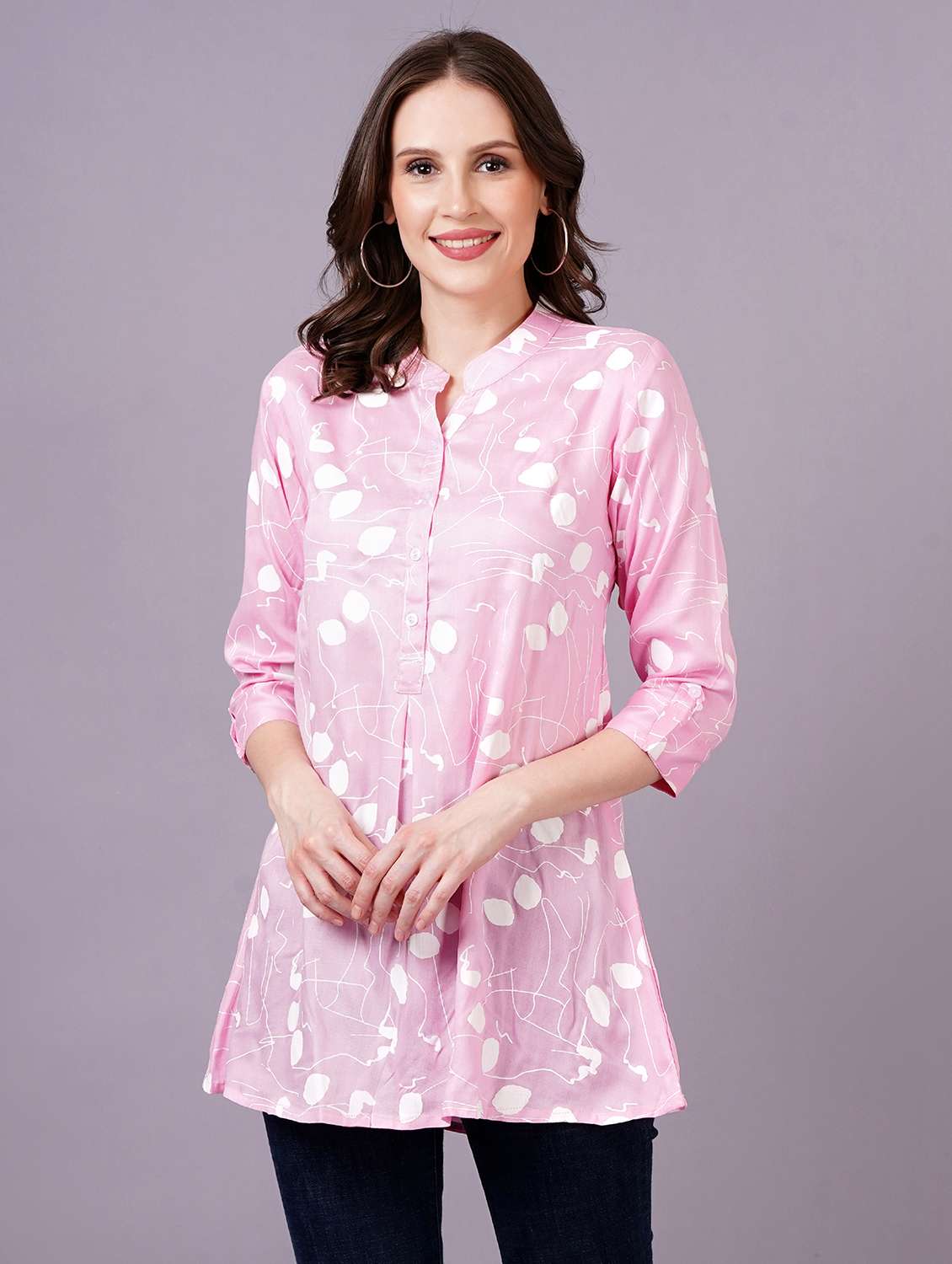 women printed three quarter sleeves a-line tunic - 22543199 -  Standard Image - 1