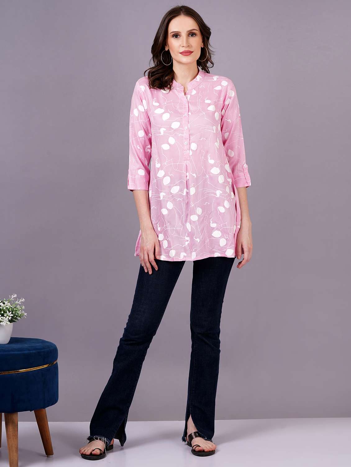 women printed three quarter sleeves a-line tunic - 22543199 -  Standard Image - 4