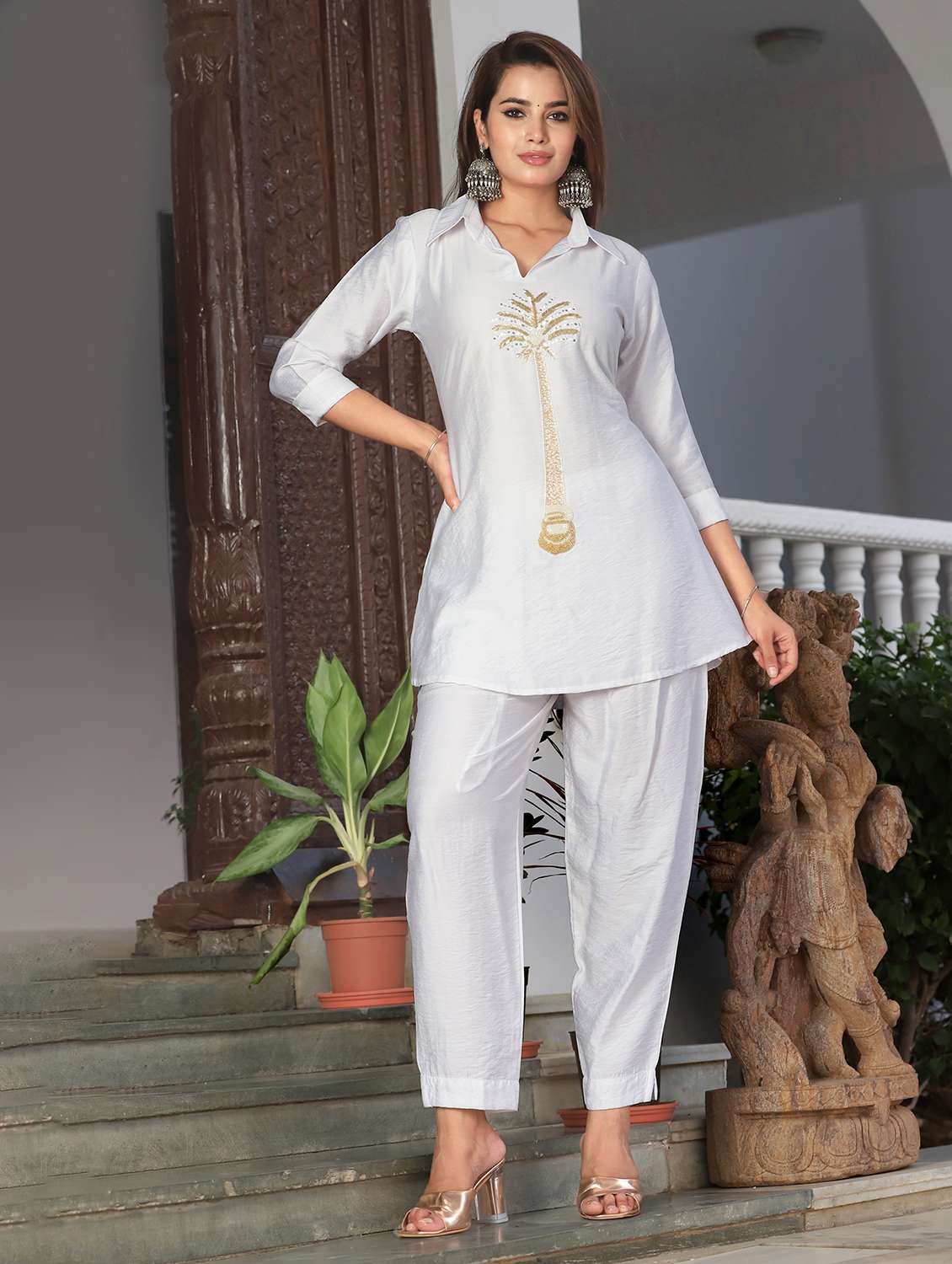 women embroidered three quarter sleeve ethnic co-ord set