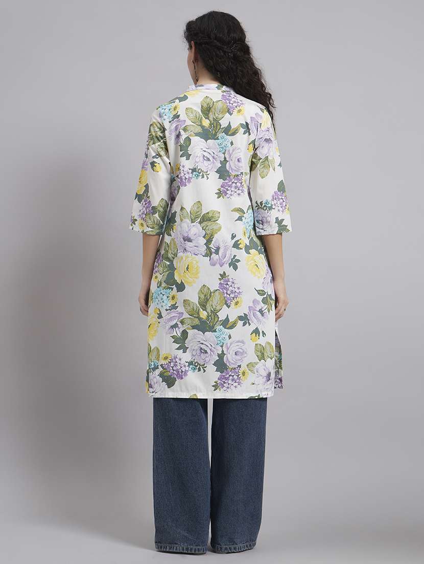 Women Printed Three Quarter Sleeve Straight Kurta - 22543423 -  Standard Image - 4