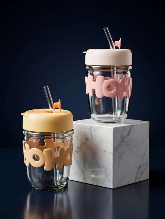 set of 2 glass water & juice glasses with lids and straws
