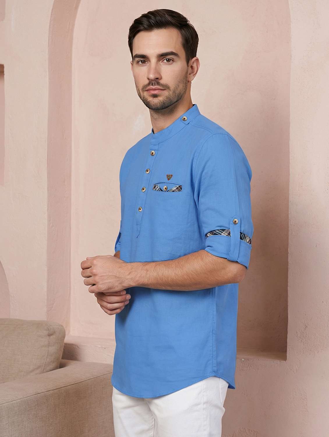 men solid mandarin neck short kurta - 22543961 -  Standard Image - 1