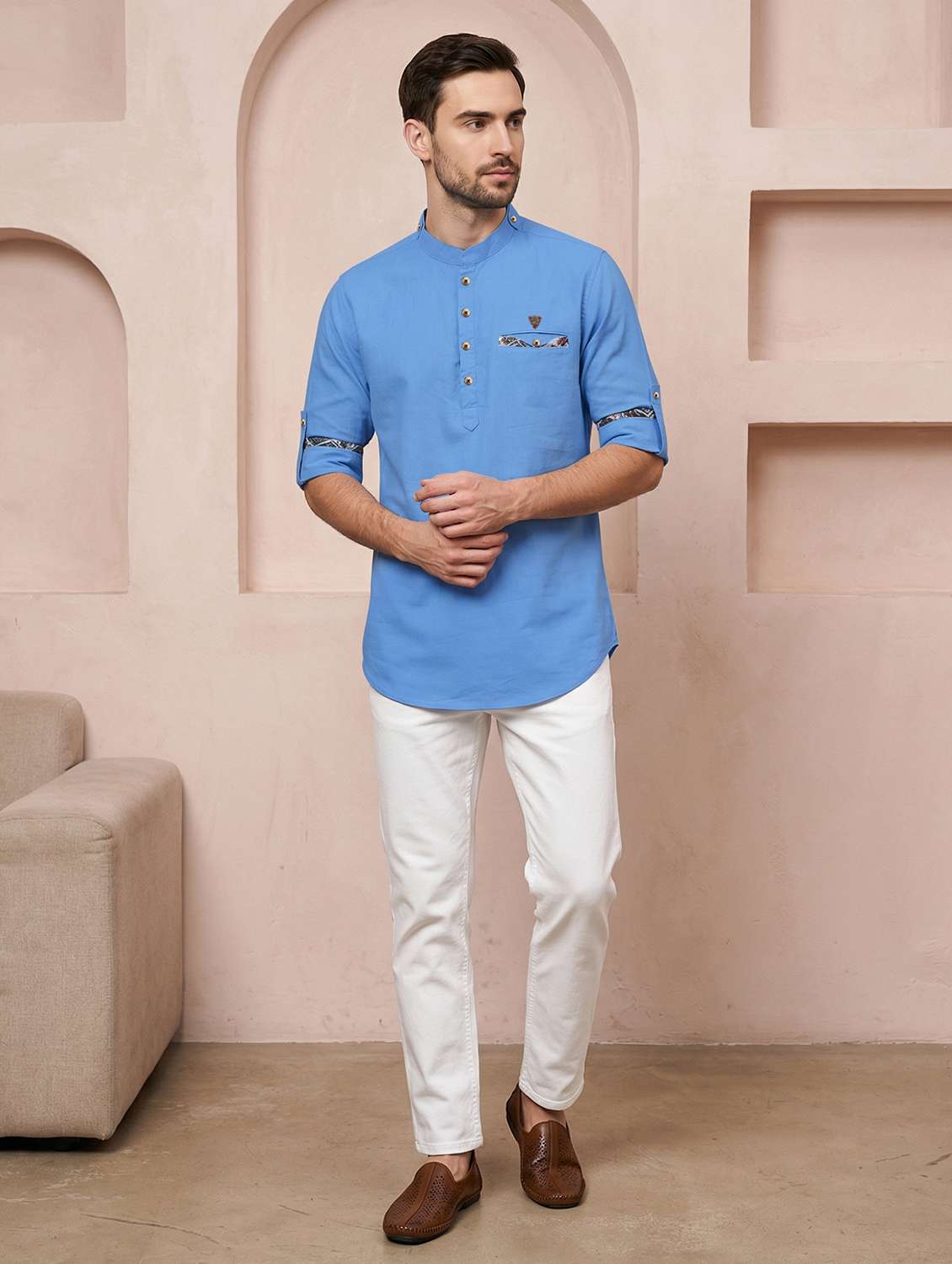 men solid mandarin neck short kurta - 22543961 -  Standard Image - 4