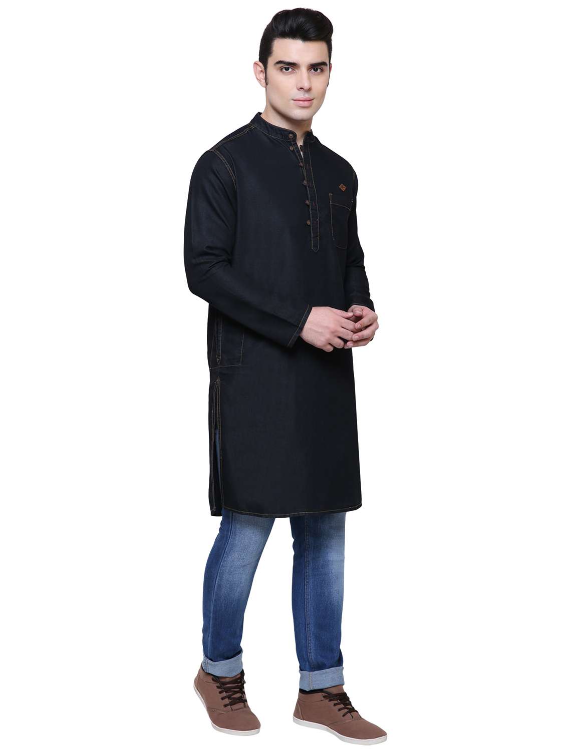 men solid mandarin neck long kurta - 22543964 -  Standard Image - 4
