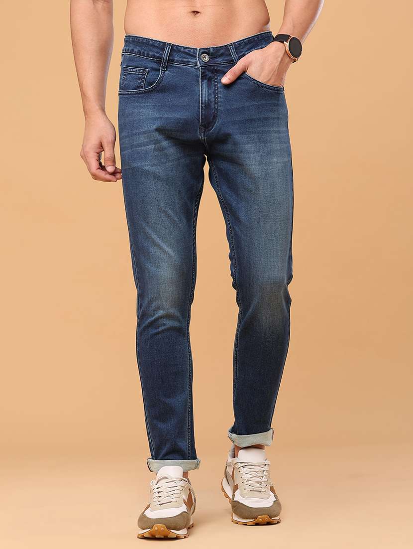 men washed mid rise full length slim fit jeans