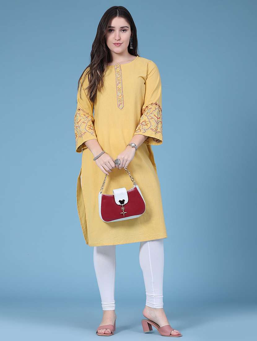 women embroidered three quarter sleeves straight kurta