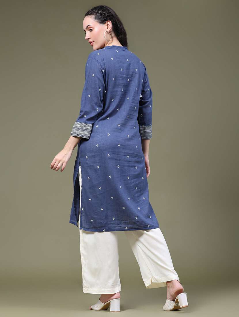 Women Self Design Three Quarter Sleeves Straight Kurta - 22547349 -  Standard Image - 4
