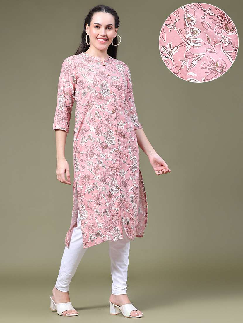 Women Printed Three Quarter Sleeves Straight Kurta - 22547352 -  Standard Image - 4