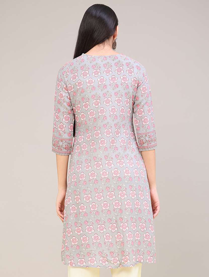 Women Printed Three Quarter Sleeves A-line Kurta - 22547357 -  Standard Image - 4