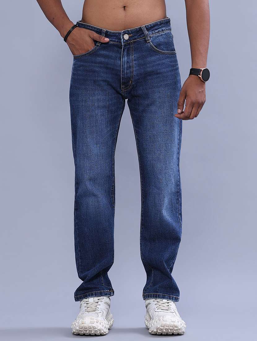 men washed mid rise full length straight jeans