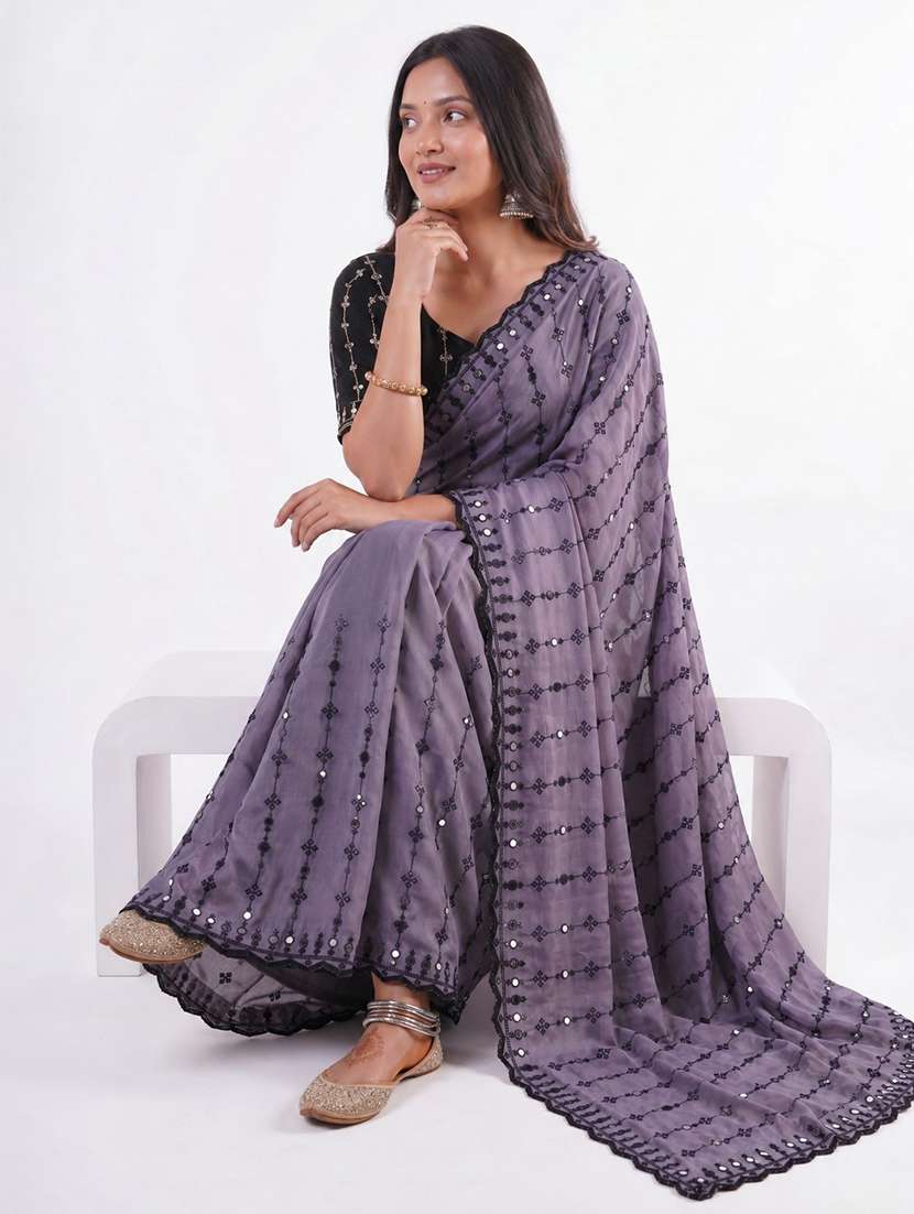 women solid with work embroidered saree with blouse - 22547901 -  Standard Image - 4