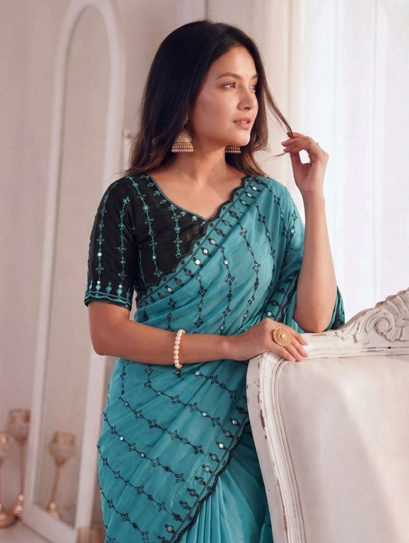 women solid with work embroidered saree with blouse - 22547902 -  Standard Image - 1