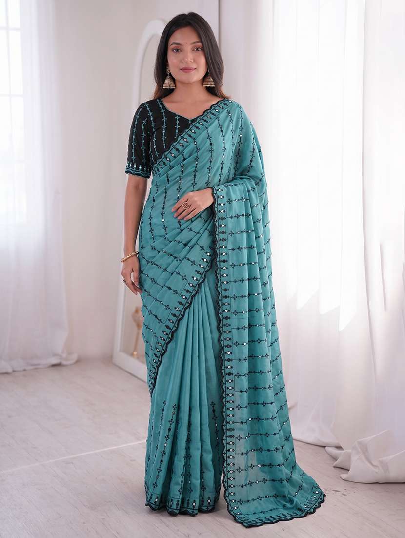 women solid with work embroidered saree with blouse - 22547902 -  Standard Image - 4